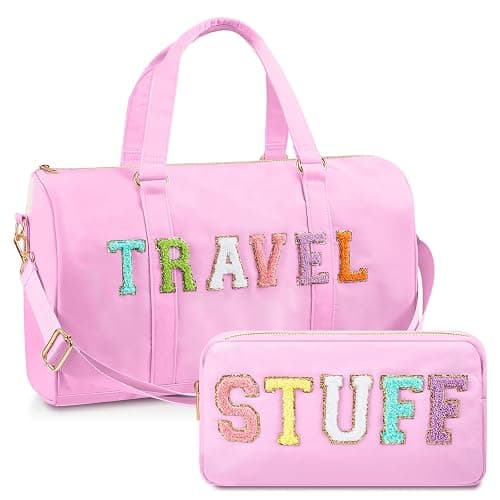 Shinylin 2 Pcs Preppy Chenille Letter Duffle Bag and Makeup Pouch, Travel Tote Bag Cosmetic Zipper Patch Makeup Bag (Pink) - Pink - Image 1
