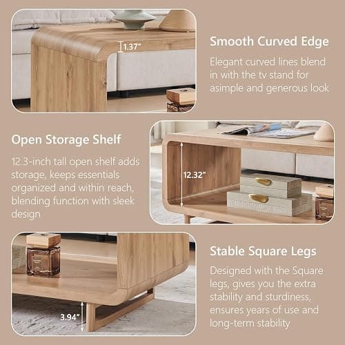 IFGET 48" Modern Coffee Table, 2-Tier Minimalist Center Table with Storage Shelf, Curved Profile Design, Wooden Rectangular Living Room Table w/Wood Thick Design for Living Room, Office, Natural Oak thumbnail 6