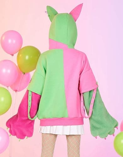 Micotaku Womens Pullover Hoodie with Detachable Bag Furry Paw Design Gloves Green Pink Hoodie thumbnail 4