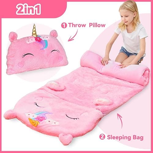 iPlay, iLearn Kids Unicorn Sleeping Bag, Toddler Girl Nap Mat, Plush Animal Slumber Bag 2 In 1 Pink Pillow Daycare Preschool Kindergarten Birthday Gift Travel Sleepover 3 4 5 6 7 8 10 12 Yr Child Teen thumbnail 5