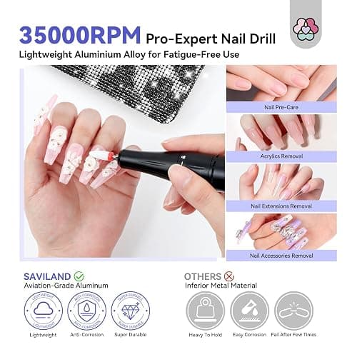 SAVILAND Acrylic Nail Drill Machine: 2024 Latest Collection Diamond Shiny Nail Drill Professional E-File Rechargeable Electric Filer Acrylic Removal Ceramic Bits Expert Salon Use Manicure Pedicure thumbnail 6