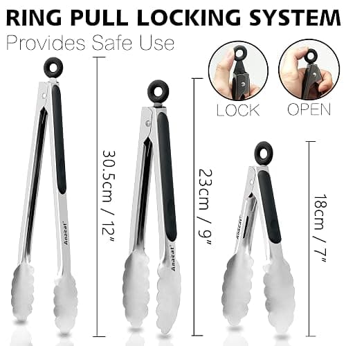 Anaeat Premium Kitchen Locking Tong Set of 3 - Heavy Duty Stainless Steel Food Tongs with Long Handle & Non-Slip Silicone Grip for Cooking, Baking, Grilling - Heat Resistant up to 460°F thumbnail 2