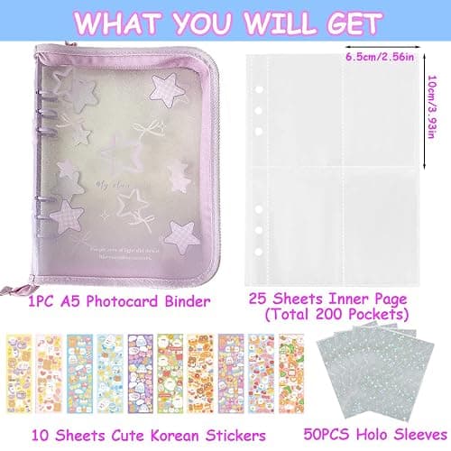 Lora Rossie Kpop Photocard Binder Kpop Photocard Holder Book with Kpop Photocard Korean Stickers, A5 Binder Photocard Album 25 Inner Pages with 200 Pockets 6 Ring Photocard Binder Kpop (Purple Star) thumbnail 2