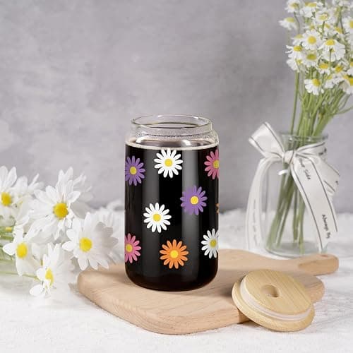 GSPY Daisy Aesthetic Gifts, Iced Coffee Cup, Cute Glass Cups with Lids and Straws - Cute Mugs, Flower Mug, Glass Tumbler - Retro, Christmas, Birthday Gifts for Women, Coffee Lovers, Friend, Girls, Mom thumbnail 7