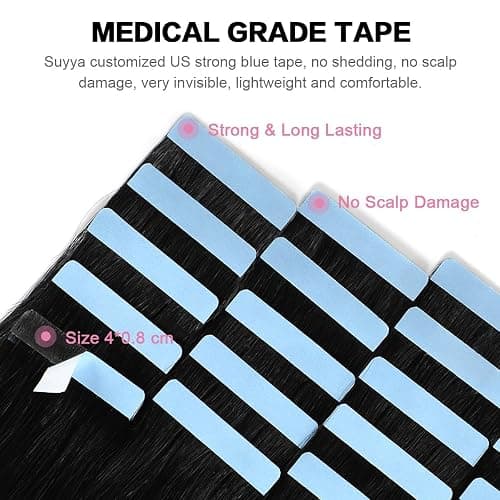 SUYYA Tape in Hair Extensions Human Hair Jet Black 30 Inch 60g/pack 20pcs Straight Seamless Skin Weft Tape in Real Human Hair Extensions (30 inch #1 Jet Black) thumbnail 3