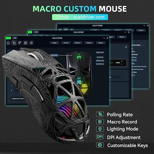 AULA SC620 Gaming Mouse Wireless,BT5.0/2.4G/USB-C Gamer Mice,PAW3311 Sensor,Up to 12000DPI,7 Programmable Buttons,67g Lightweight,400mAh Battery,RGB,Rechargeable Mouse for Laptop/PC/Mac (Black-L) thumbnail 6