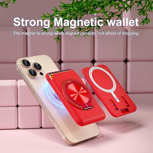 BOXDXB Magnetic Phone Card Holder, with 360° Rotatable Ring Holder Kickstand, Strong Magnetic Phone Wallet Stand Compatible with iPhone 17/16/15/14/13/12 Series for Women, Men, Red thumbnail 6