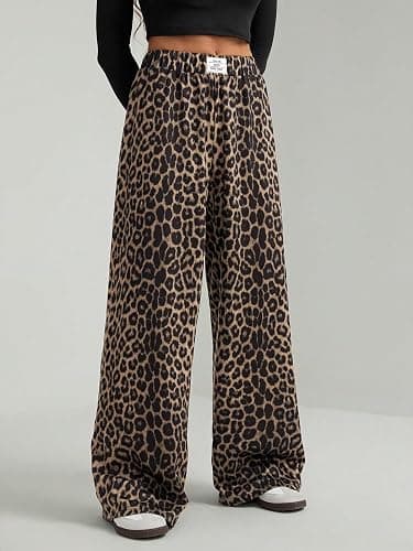 GORGLITTER Women's Cheetah Print Pants Leopard Wide Leg Sweatpants | Straight Leg Sweats, Elastic High Waisted Pants, Animal Print Trousers, Baggy Bottom, Fall Outfits thumbnail 5