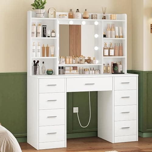 FIONESO Vanity Desk with Mirror and Lights, Power Outlet, Makeup Vanity with 9 Drawers & 6 Open Storage Shelves, 3 Lighting Modes Brightness Adjustable, White thumbnail 3