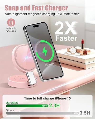 3 in 1 Magnetic Wireless Charging Station for iPhone 17/16/15/14/13/12 Series, Apple Watch and AirPods, MagSafe-Compatible 15W Fast Charging Stand, Foldable Adjustable Travel Charger, Pink thumbnail 7