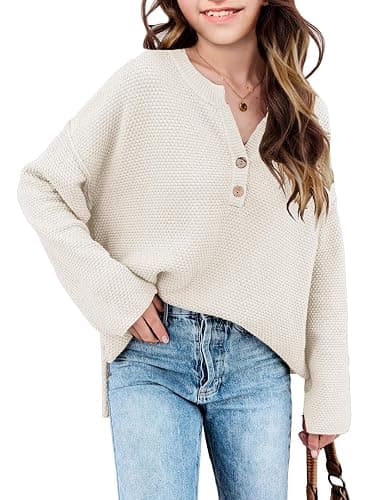 Girls Winter Sweaters 2025 Fashion Teen Tops Henley Kids V Neck Long Sleeve Loose Shirts Fall Warm Clothes - Image 1