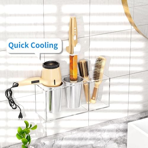 NIUBEE Hair Tool Organizer Wall Mount, Hair Dryer Holder for Bathroom,Clear | Acrylic Hair Organizer Storage Countertop, Blow Dryer Holder, Hot Tools Organizer for Curling Iron, Brush, 2 Stainless Cups thumbnail 5