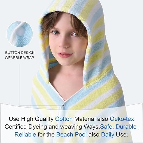 VOOVA & MOVAS Toddler Towels for Boys - 100% Cotton (3-10Years) - Quick Dry Absorbent Lightweigh Hooded Wrap Towel for Pool | Swim | Beach | Bath, Yellow Blue Stripe thumbnail 5