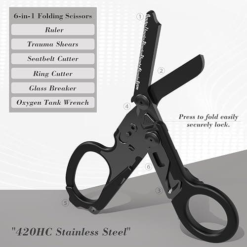 Foldable Trauma Shears with Black Holster, 6-in-1 Medical Shears for Emergency Rescue, Stainless Steel Trauma Shear Ideal for EMTs, Nurses, First Responders (Full Black) thumbnail 3