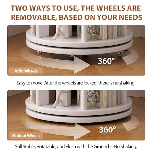 Muwuele Solid Wood Rotating Bookshelf on Wheels, 6 Tier, Round Revolving Bookcase, 360° Spinning Book Shelf Tower for Kids, Narrow Rolling Bookshelves for Small Space, Corner, Bedroom, Office, White thumbnail 5
