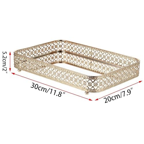 ELLDOO Perfume & Makeup Vanity Tray - Hollow-Carved Jewelry Storage, Glass & Metal Trinket Organizer for Dresser & Bathroom Countertop, Gold, Medium Size thumbnail 3