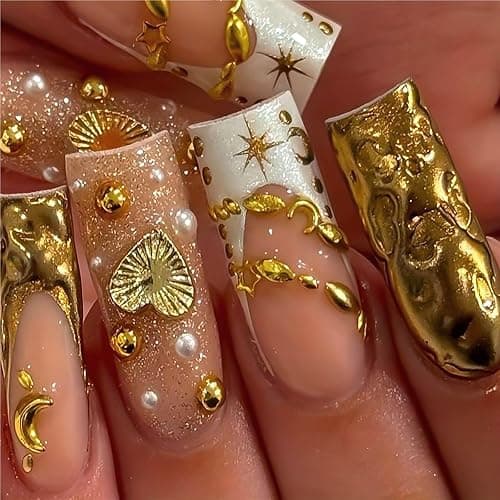 HOSAILY Gold Star Moon Press On Nails Medium Square - Semi-Handmade Fall Autumn/New Year Y2K Luxury False Fake Nail for Women, Gold Metal Heart Charms Design-24Pcs Durable Flexible Full Kit with Tools - Image 1