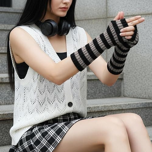 LIQWEI Arm Warmers, Y2k Striped Arm Warmers, Long Fingerless Knitted Gloves Alt Clothes Accessories, Cool Winter Arms Sleeves Scene Clothes thumbnail 2