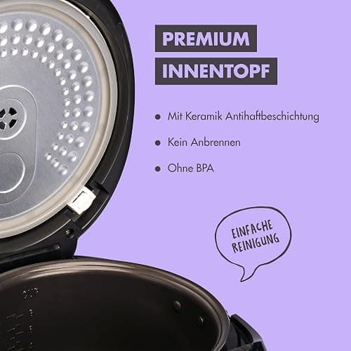 REISHUNGER Digitaler Reiskocher & Dampfgarer Schwarz | 1,5 L bis 8 Personen | Warmhaltefunktion, Timer & Premium Innentopf | Multikocher, 12 Programme, 7-Phasen-Technologie thumbnail 7