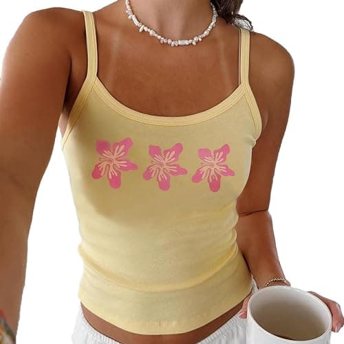 Women Floral Tank Tops Y2K Sleeveless Scoop Neck Spaghetti Strap Crop Cami Shirt Teen Girls Summer Coastal Top - Image 1