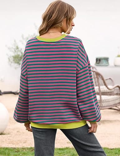 UEU Women Oversized Striped Crewneck Sweatshirt Long Sleeve Color Block Pullover Tops Casual Loose Workout Shirt thumbnail 5