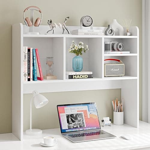 SUPER DEAL Desktop Bookshelf, Countertop Storage Hutch with 4 Shelves for Computer Desk, 2-Tier Display Rack, Multipurpose Wood Desk Hutch Storage Organizer for Home Office Dorm, White thumbnail 8