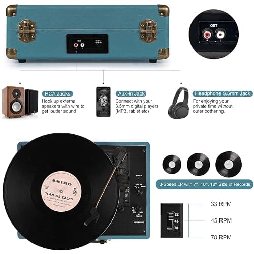 Retrolife® Record Player 3-Speed Bluetooth Portable Turntable-Coral Blue | Belt-Driven with Built-in Speakers, Wireless Bluetooth Input, RCA Out AUX In Headphone Jack, Auto-Stop, Gift for Music Lovers thumbnail 3