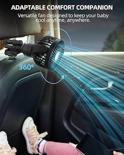 Portable Stroller Mini Fan, Small Rechargeable Personal Fan, Baby Travel Essentials for Wagon, Car Seat, Treadmill, Battery Powered Biking Gear Accessories, 360° Rotation, 3-Speed, Display, Black - Black - Classic thumbnail 5