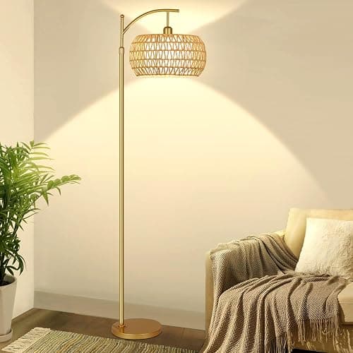 Gold Floor Lamp for Living Room with 3 Color Temperatures,Arc Boho Floor Lamps with Remote Control, Rattan Standing Lamp with Wicker Lamp Shades Dimmable Tall Floor Lamp For Bedroom Living Room Corner thumbnail 7