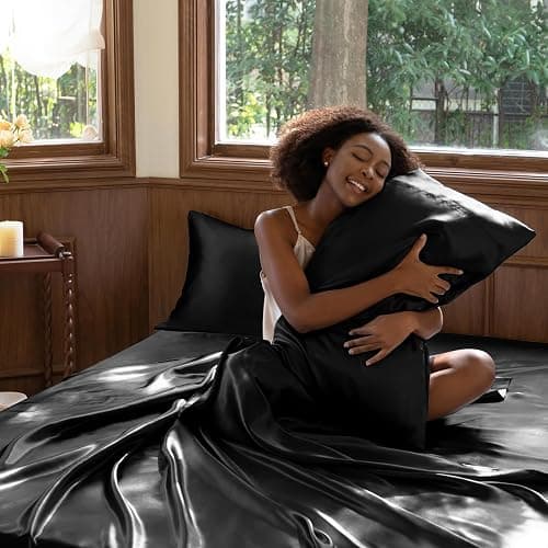 CozyLux Satin Sheets Full Size Sheets - 4 Piece Silky Full Size Bed Sheets, Luxury Black Full Bed Set with Smooth and Soft Microfiber, Includes 1 Fitted Sheet, 1 Flat Sheet and 2 Pillowcases thumbnail 7