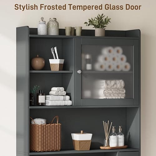 Vabches Over the Toilet Storage Cabinet with Glass Door, Above Toilet Storage Cabinet, Over Toilet Bathroom Organizer Space Saver, Behind Toilet Rack Shelf Cabinet, for Bathroom Laundry Restroom, Grey thumbnail 5