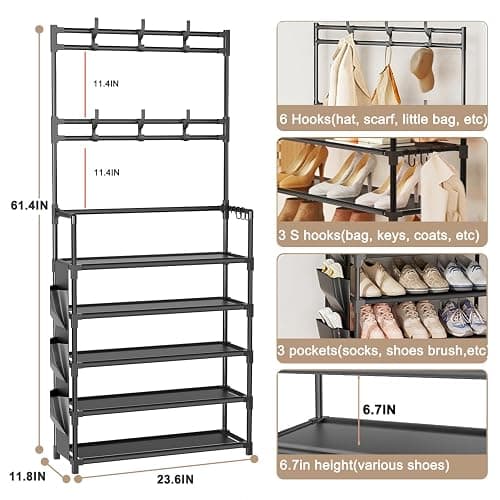 OYREL Shoe Rack 5 Tier Shoe Organizer Storage 15-20 Pairs Shoes Rack for Closet Entrance Shoe Rack Organizer with Hooks and Side Pocket Entryway Shoe Holder Space Saving Free Standing Shoe Racks thumbnail 3