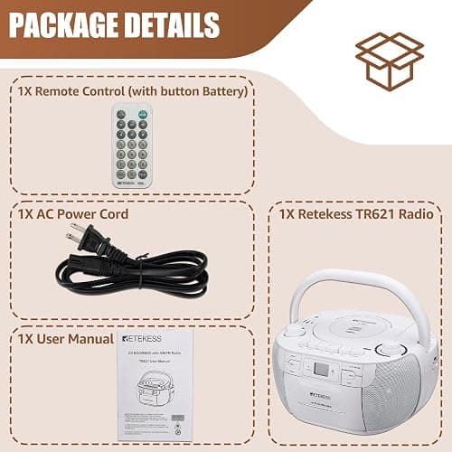 Retekess TR621 CD and Cassette Player Combo, Boombox CD Player for Home, AM/FM, Tape Recording, TF/USB Drive, AC or D Battery Powered, Headphone Jack, Stereo Sound (White) thumbnail 7