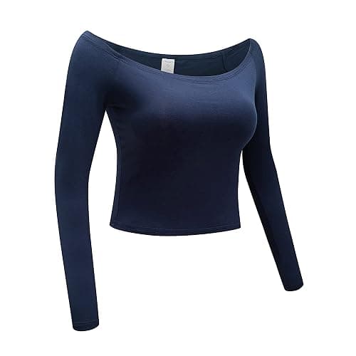OThread & Co. Women's Off Shoulder Long Sleeve Crop Top Comfy Basic Stretch Layer Shirt thumbnail 3