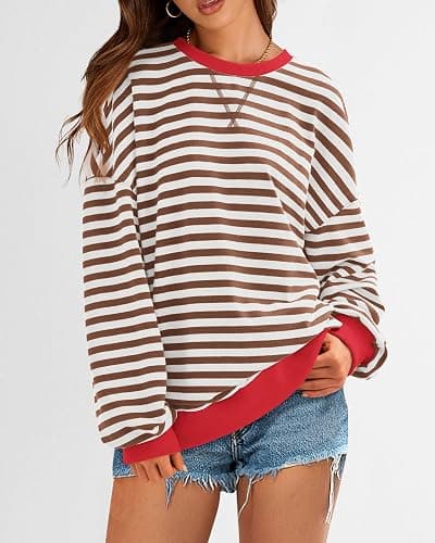 BTFBM Womens Oversized Striped Sweatshirt 2026 Spring Crewneck Long Sleeve Pullover Top Casual Y2K Clothes Workout Shirt thumbnail 4