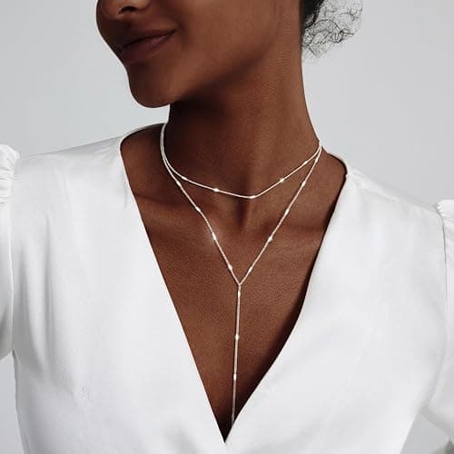 Luxval Lariat Silver Necklace for Women, Dainty Long Necklace Silver Y-Shaped Pendant Necklaces Trendy Beaded Chain Drop Necklaces Jewelry for Women Gifts thumbnail 2