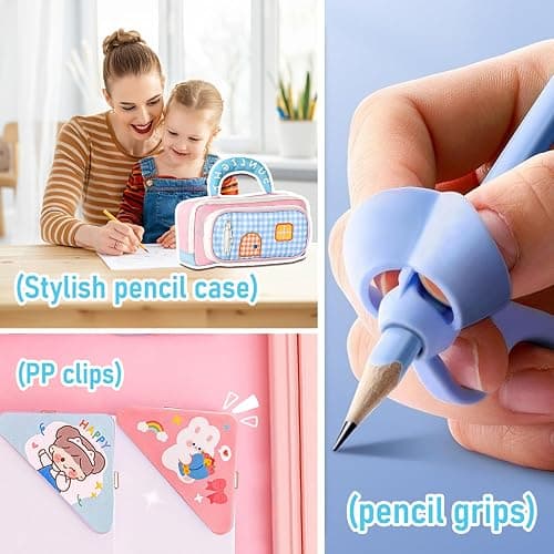 FOSDICK Cute Pencil Case for Girls, Kawaii Pencil Cases, Pink Pencilcase with compartments, Pencil Pouch with Handle, for Girls Student Teenage School Office, with 4 Pencil Grips and 2 PP Clips thumbnail 8