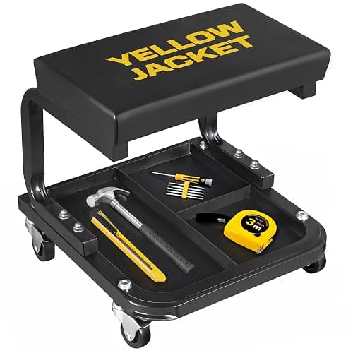 YELLOW JACKET Mechanic Rolling Stool 250 Lbs Capacity, Garage Stool on Wheels with Tool Tray Storage, Work Stools with Wheels for Garage, Shop, Mechanic Chair with Wheels, Auto Repair - Image 1