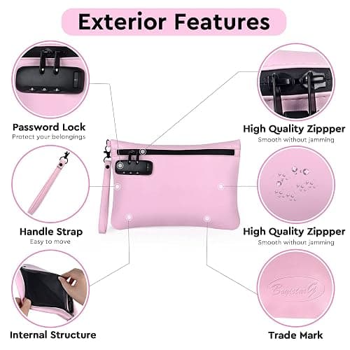 BOYISTARG PU Leather Gift Smell Proof Storage Bags with 8 Items - Waterproof Large Smell Proof Pouch with Combination Lock - Travel Storage Case for Women or Men -Pink thumbnail 4