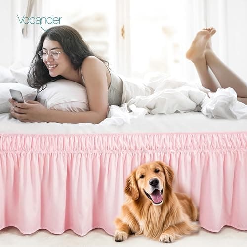 Vocander Pink Bed Skirt Queen Size 14 Inch Drop, Elastic Wrap Around Dust Ruffle Bed Skirting Easy to Put, Adjustable Tailored Bedskirts Fade & Wrinkle Resistant thumbnail 5
