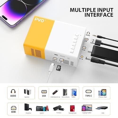 PVO Mini Projector Portable For Cartoon, Outdoor Video Projectors, LED Pico Movie-Projector for Home Theater, Kids Gift, Video Can Be Easily Mirrored Directly to The Projector Via Data Cable thumbnail 2