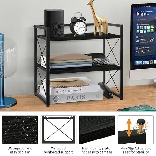 YINMIT Desktop Shelf Organizer, 2 Tier Office Shelves, Wood Desk Organizer Storage Rack and Freestanding Display Shelf for Office, Dormitory, Home(Black) thumbnail 4
