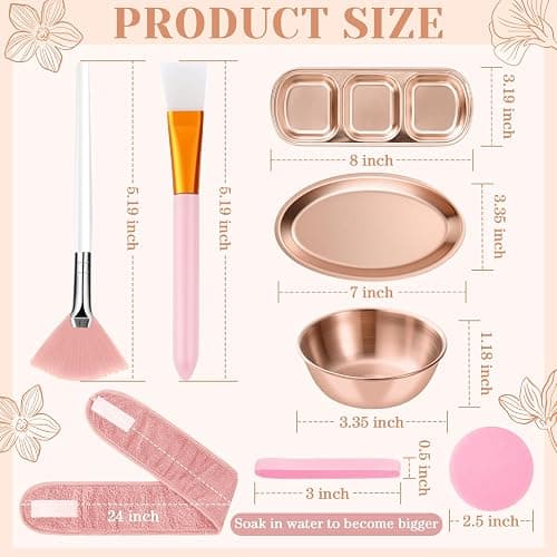 LemonRoad 25 Pcs Esthetician Facial Supplies Set, 3 Stainless Steel Mixing Bowls, 2 Serving Trays, 6 Brushes, 2 Hairbands, 12 Compressed Sponges for Women Facial Mask Spa Home Use(Rose Gold) thumbnail 2