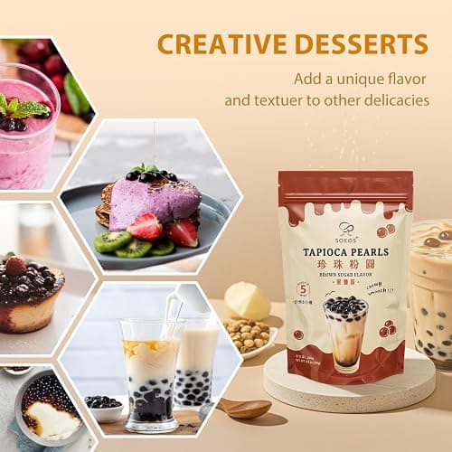 Soeos Boba Pearls, Black Tapioca Pearls 8.8 oz (0.55 lb), Black Sugar Flavor Boba Pearls for Bubble Tea, Smoothies & Desserts – Sweet, Chewy, and Ready to Cook thumbnail 8