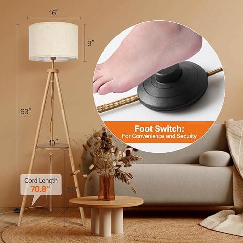 OUTON Tripod Floor Lamp with Shelves, Mid Century Dimmable Wood Floor Lamp with Remote Control, 4 Color Temperatures, Standing Tall Lamp with Linen Shade for Living Room, Bedroom, Office, Oak Hardwood thumbnail 7