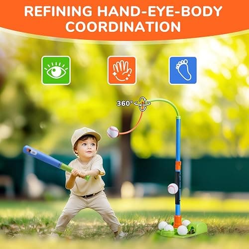 JoyCat 3-in-1 T Ball Set for Kids 3-5,Toddler Baseball Set-T Ball Stand,Hanging Tee,Auto Launcher,6 Balls-Adjustable Height Sports&Outdoor/Indoor Toys for 3 4 5 6 7 8 Year Old Boy Girl Birthday Gift | Adjustable stand switches among tee, hanging-ball and auto-launcher play for indoor or backyard batting practice thumbnail 5
