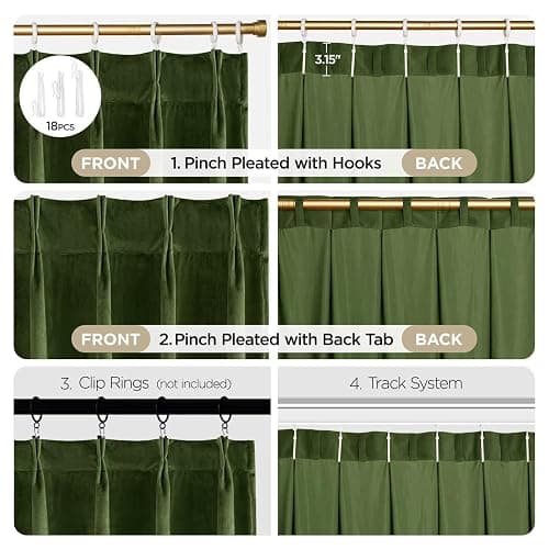 Joydeco Pinch Pleated Velvet Curtains 96 Inch Long 2 Panel Set Green Curtains for Bedroom Living Room, Thermal Insulated Back Tab Blackout Luxury Drapes with Adjustable Hooks (40”W x96”L,Olive Green) thumbnail 4