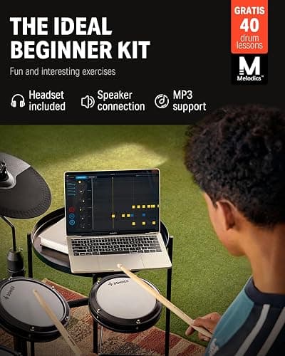 Donner DED-80 Electronic Drum Set with 4 Quiet Mesh Pads, 180+ Sounds, 2 Pedals, Throne, Headphones, Sticks, and Melodics Lessons thumbnail 2