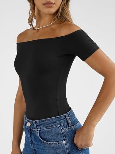 Trendy Queen Summer Off The Shoulder Tops for Women Going Out Short Sleeve Shirts Cute Y2K Sexy Basic Clothes 2026 Fashion thumbnail 3