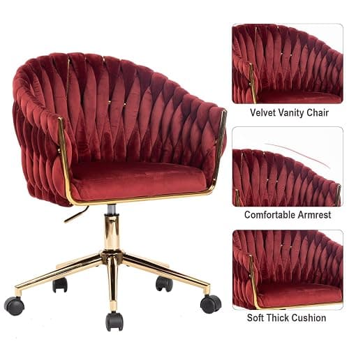 Comermax Velvet Office Chair, Vanity Chairs with Wheels, 360° Swivel Velvet Home Office Desk Chair, Accent Chair Makeup Vanity Chair for Bedroom, Living Room(Red) thumbnail 6